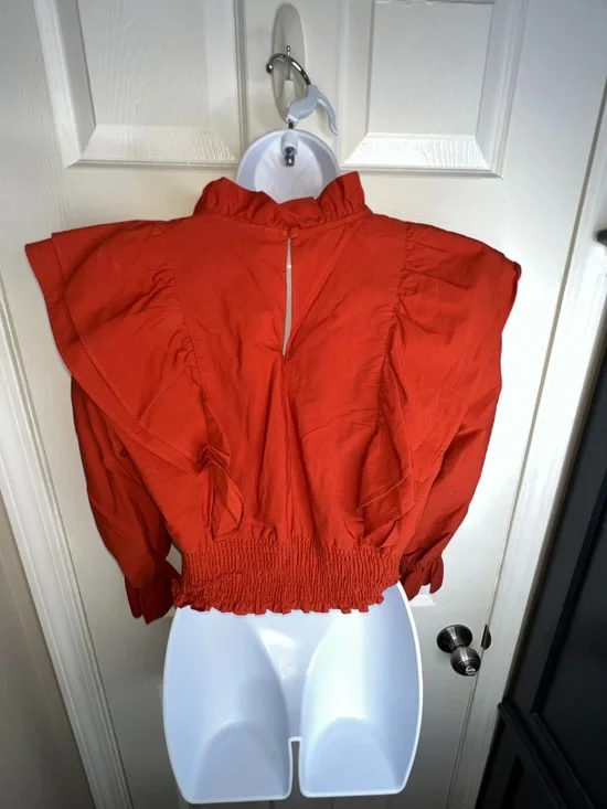 Zara Women’s Medium Ruffled Poplin Crop Top Blouse M 100% Cotton Brick Red - Picture 12 of 15